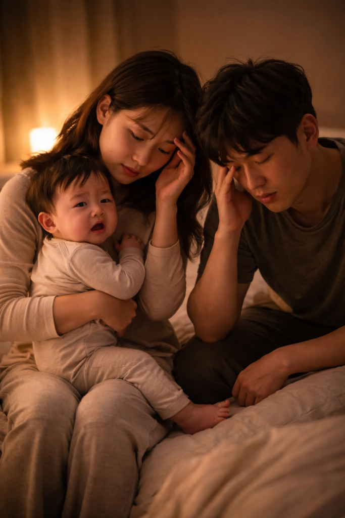 밤에 아기를 돌보며 피곤해하는 부모 모습