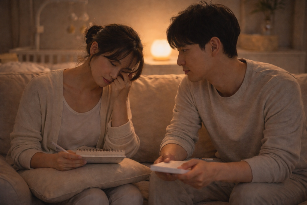 밤에 아기를 돌보며 피곤해하는 부모 모습